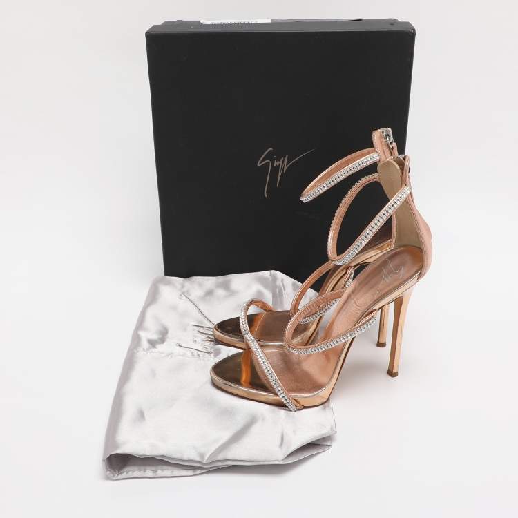 Pre Owned Giuseppe Zanotti Metallic Rose Gold Foil Leather Harmony  Ankle Cuff Sandals Size 36