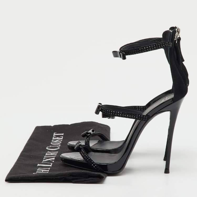 Pre Owned Giuseppe Zanotti Black Suede and Patent Leather Bow Harmony Ankle Strap Sandals Size 36