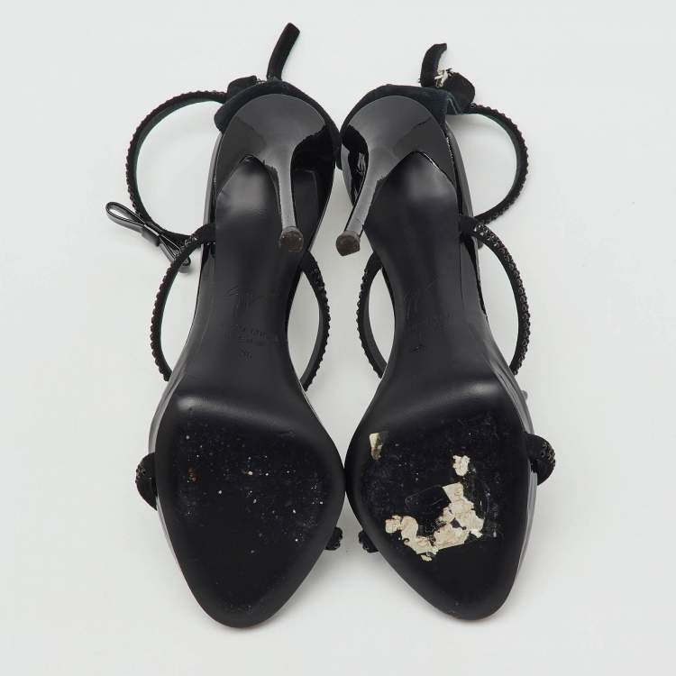 Pre Owned Giuseppe Zanotti Black Suede and Patent Leather Bow Harmony Ankle Strap Sandals Size 36