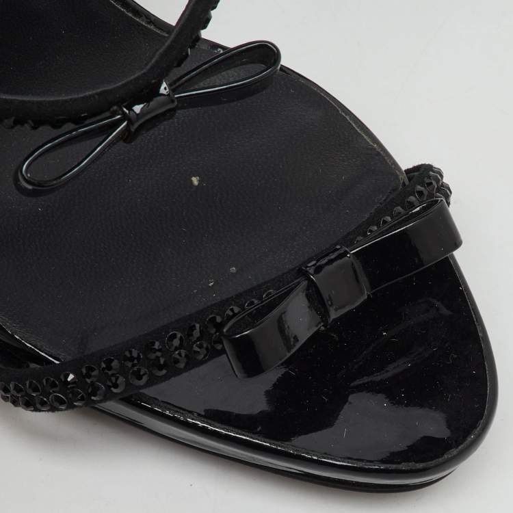 Pre Owned Giuseppe Zanotti Black Suede and Patent Leather Bow Harmony Ankle Strap Sandals Size 36