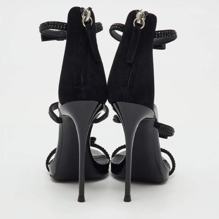 Pre Owned Giuseppe Zanotti Black Suede and Patent Leather Bow Harmony Ankle Strap Sandals Size 36