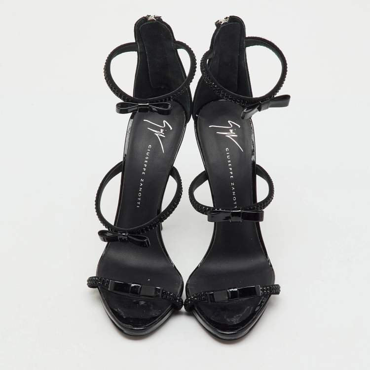 Pre Owned Giuseppe Zanotti Black Suede and Patent Leather Bow Harmony Ankle Strap Sandals Size 36