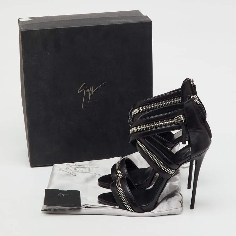 Pre Owned Giuseppe Zanotti Black Leather Zipper Ankle Strap Sandals Size 38