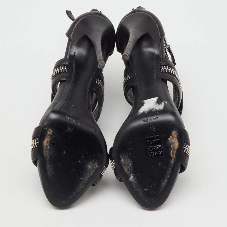 Pre Owned Giuseppe Zanotti Black Leather Zipper Ankle Strap Sandals Size 38