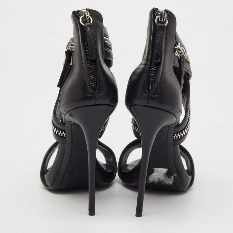 Pre Owned Giuseppe Zanotti Black Leather Zipper Ankle Strap Sandals Size 38
