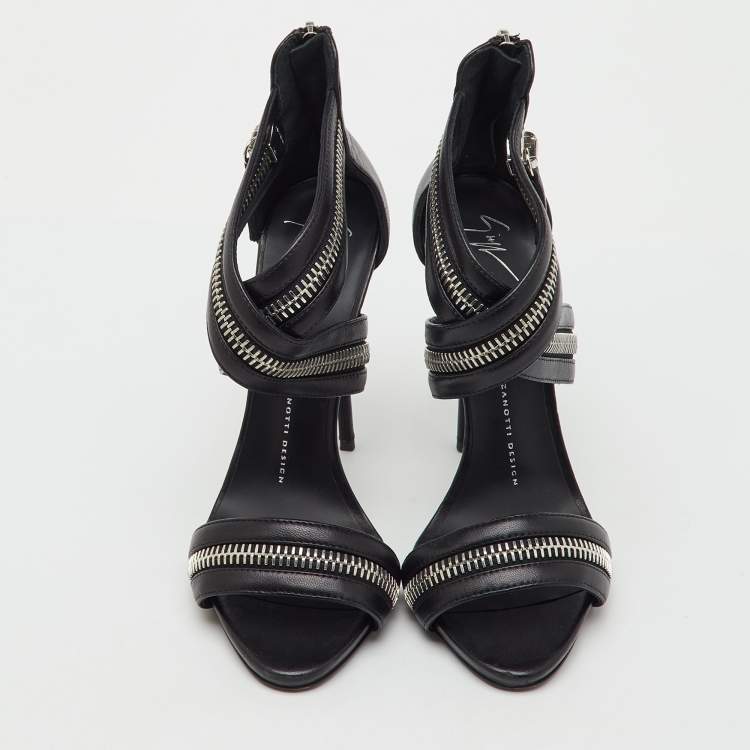 Pre Owned Giuseppe Zanotti Black Leather Zipper Ankle Strap Sandals Size 38