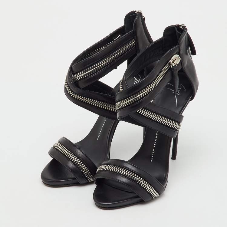 Pre Owned Giuseppe Zanotti Black Leather Zipper Ankle Strap Sandals Size 38
