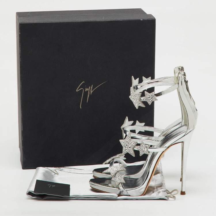 Pre Owned Giuseppe Zanotti Silver Leather Harmony Star Ankle Strap Sandals Size 36