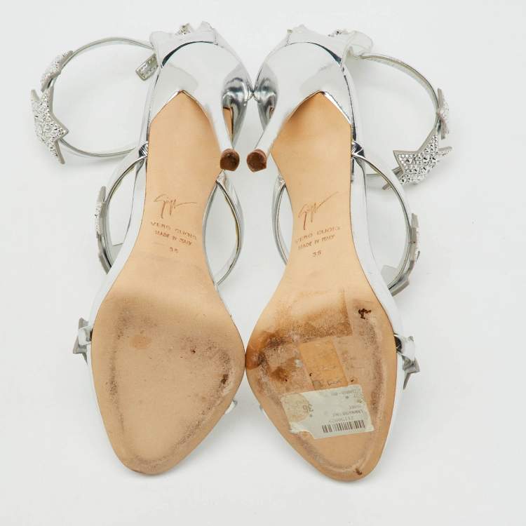 Pre Owned Giuseppe Zanotti Silver Leather Harmony Star Ankle Strap Sandals Size 36