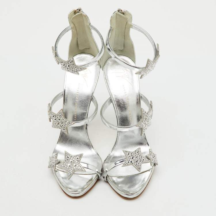 Pre Owned Giuseppe Zanotti Silver Leather Harmony Star Ankle Strap Sandals Size 36