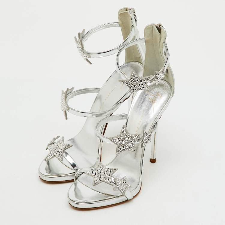 Pre Owned Giuseppe Zanotti Silver Leather Harmony Star Ankle Strap Sandals Size 36