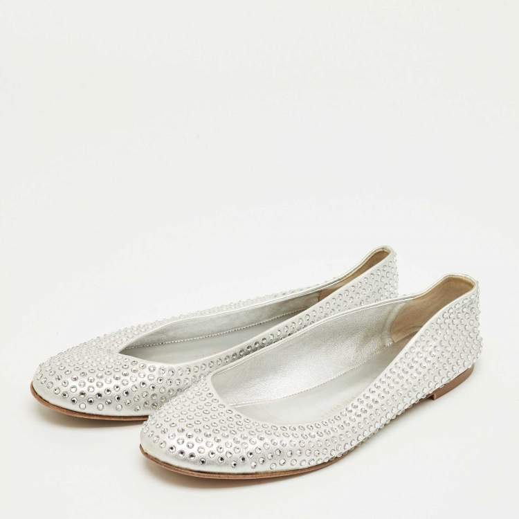 Pre Owned Giuseppe Zanotti Silver Crystals and Leather Ballet Flats Size 39