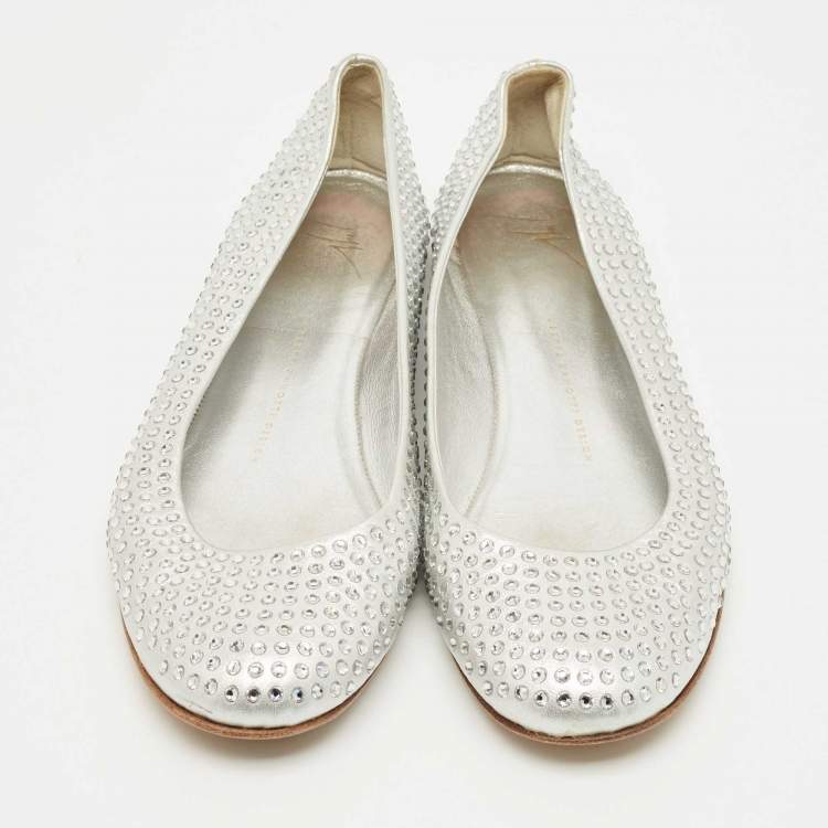 Pre Owned Giuseppe Zanotti Silver Crystals and Leather Ballet Flats Size 39