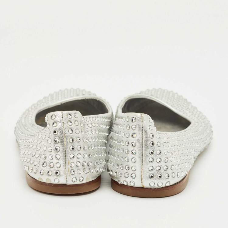 Pre Owned Giuseppe Zanotti Silver Crystals and Leather Ballet Flats Size 39