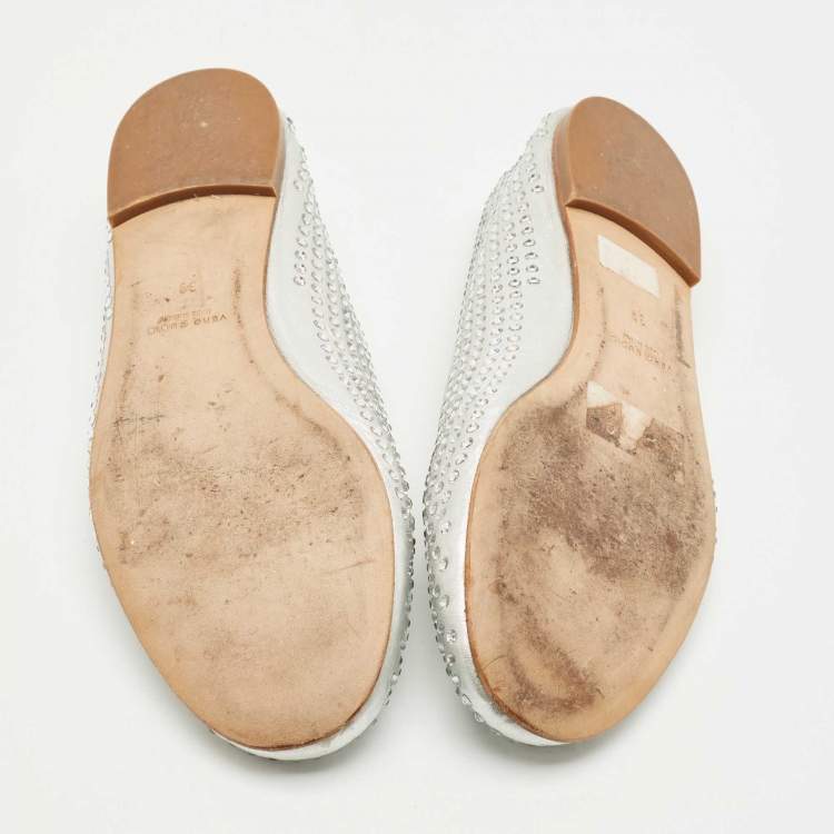 Pre Owned Giuseppe Zanotti Silver Crystals and Leather Ballet Flats Size 39