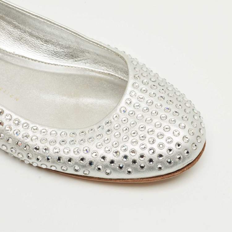 Pre Owned Giuseppe Zanotti Silver Crystals and Leather Ballet Flats Size 39