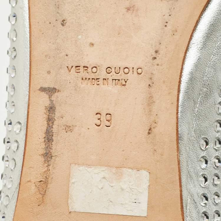 Pre Owned Giuseppe Zanotti Silver Crystals and Leather Ballet Flats Size 39