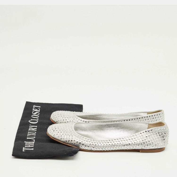 Pre Owned Giuseppe Zanotti Silver Crystals and Leather Ballet Flats Size 39