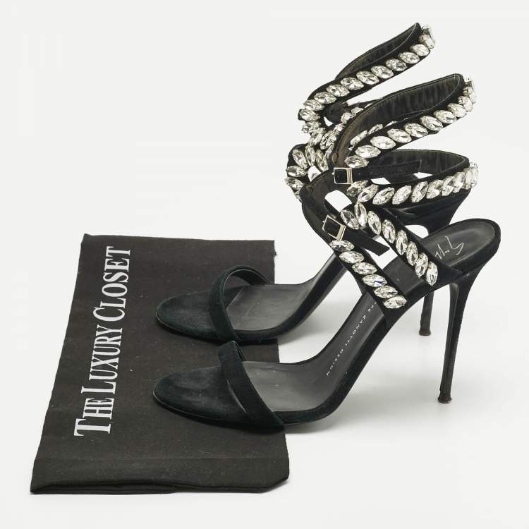Pre Owned Giuseppe Zanotti Black Suede Crystal Embellished  Ankle Strap Sandals Size 39