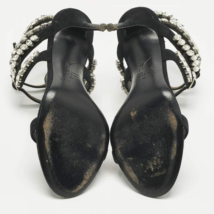 Pre Owned Giuseppe Zanotti Black Suede Crystal Embellished  Ankle Strap Sandals Size 39