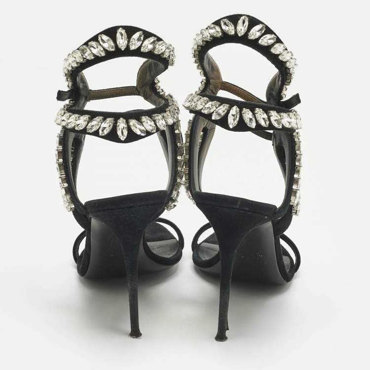 Pre Owned Giuseppe Zanotti Black Suede Crystal Embellished  Ankle Strap Sandals Size 39