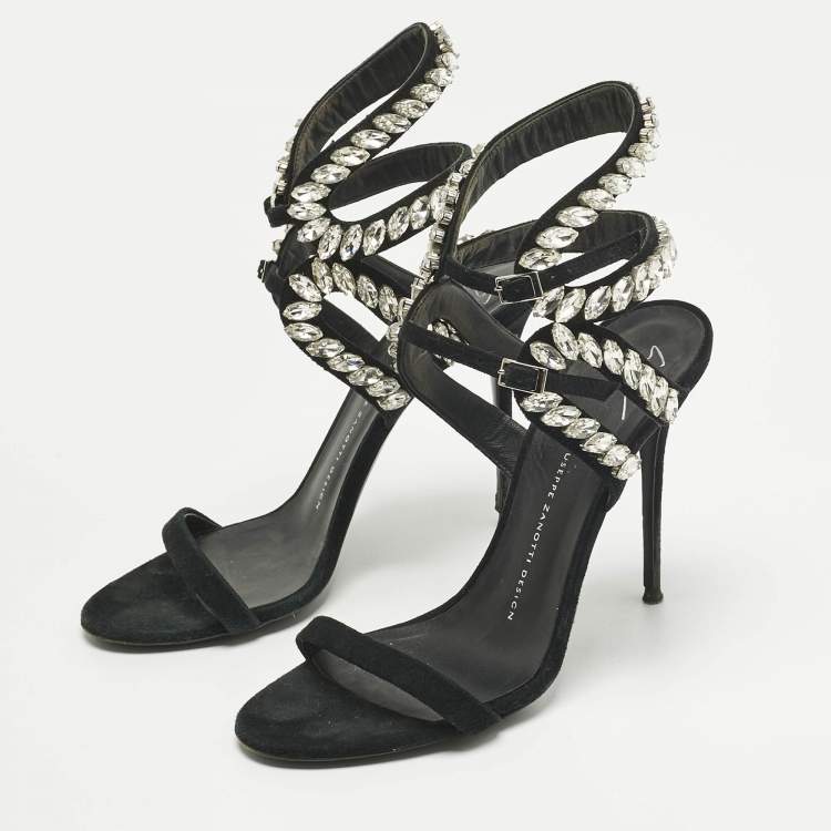 Pre Owned Giuseppe Zanotti Black Suede Crystal Embellished  Ankle Strap Sandals Size 39