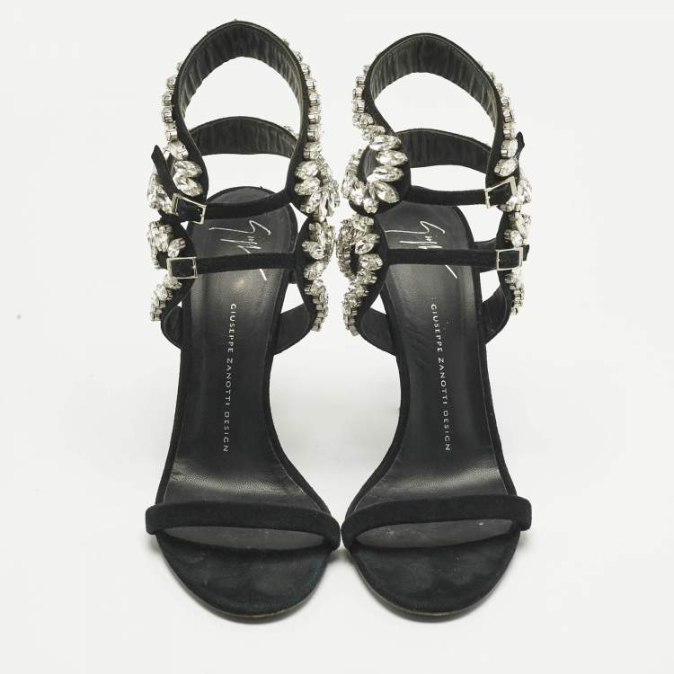 Pre Owned Giuseppe Zanotti Black Suede Crystal Embellished  Ankle Strap Sandals Size 39