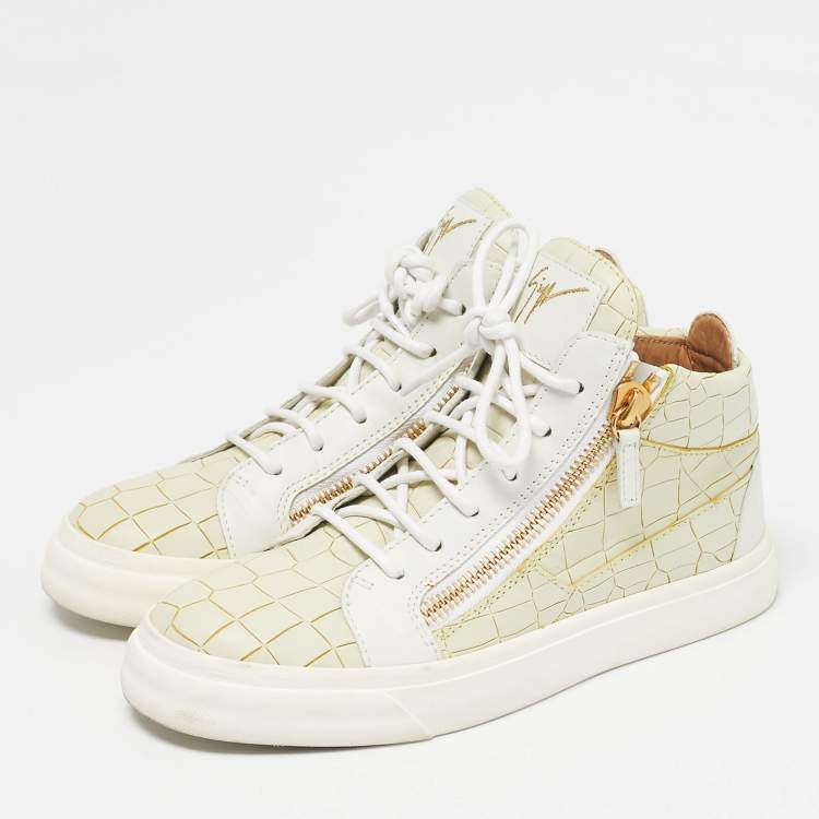 Pre Owned Giuseppe Zanotti Cream/White Croc Embossed and Leather High Top Sneakers Size 38