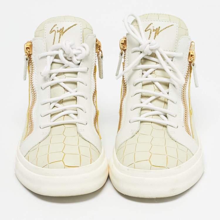 Pre Owned Giuseppe Zanotti Cream/White Croc Embossed and Leather High Top Sneakers Size 38