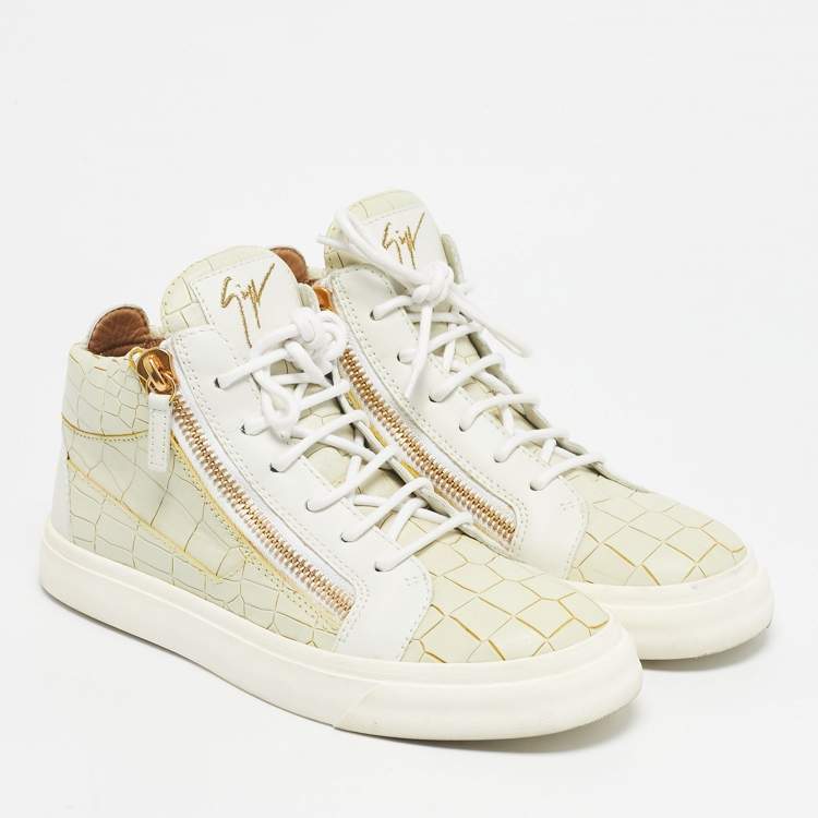 Pre Owned Giuseppe Zanotti Cream/White Croc Embossed and Leather High Top Sneakers Size 38