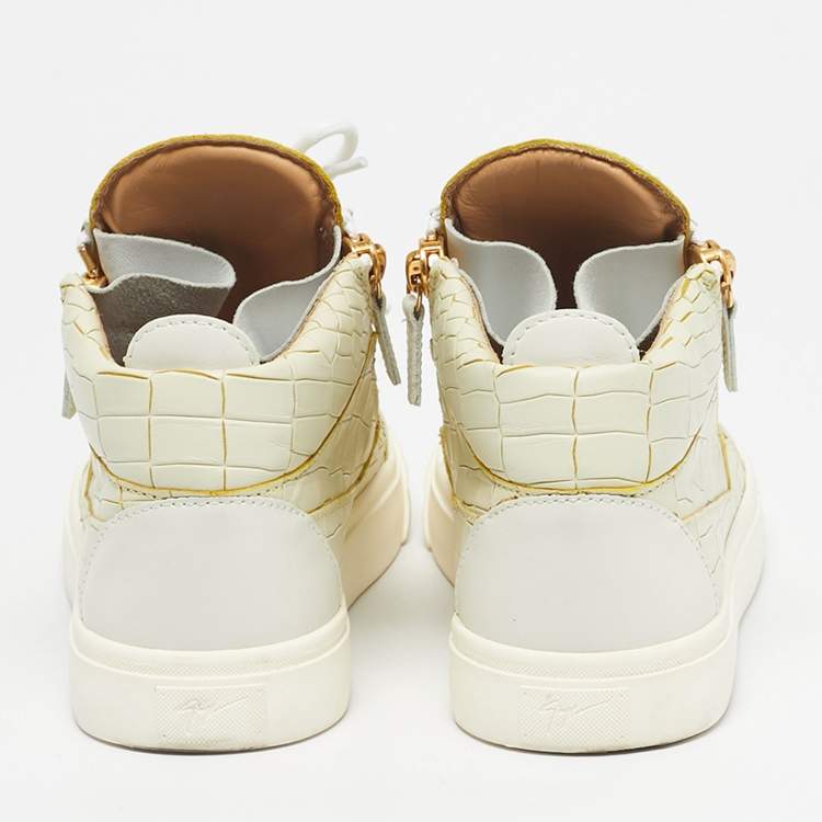 Pre Owned Giuseppe Zanotti Cream/White Croc Embossed and Leather High Top Sneakers Size 38