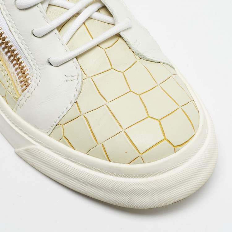 Pre Owned Giuseppe Zanotti Cream/White Croc Embossed and Leather High Top Sneakers Size 38