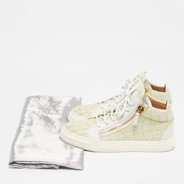 Pre Owned Giuseppe Zanotti Cream/White Croc Embossed and Leather High Top Sneakers Size 38