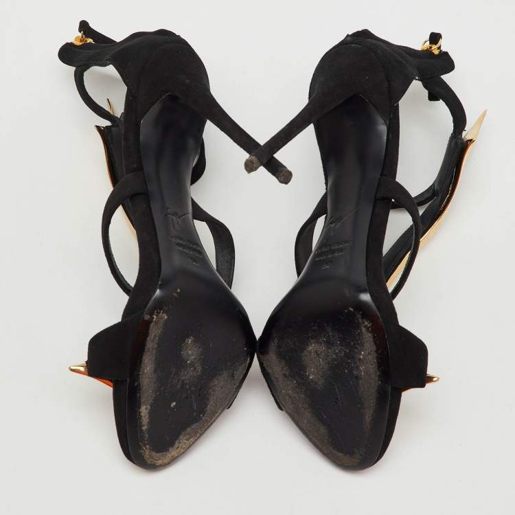 Pre Owned Giuseppe Zanotti Black Suede Metal Embellished Ankle Strap Sandals Size 38