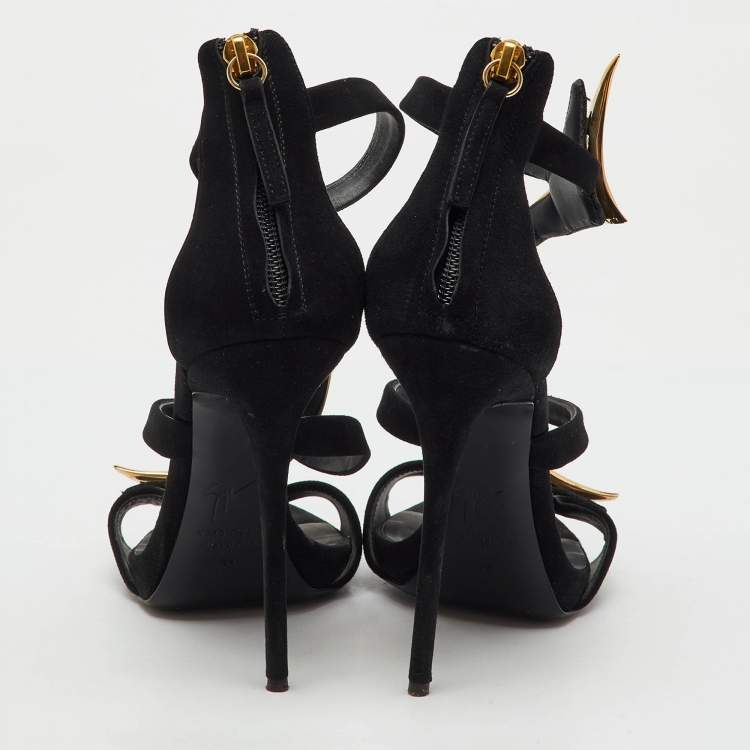 Pre Owned Giuseppe Zanotti Black Suede Metal Embellished Ankle Strap Sandals Size 38