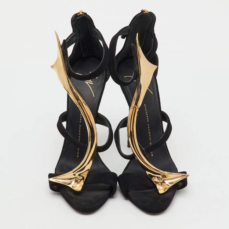 Pre Owned Giuseppe Zanotti Black Suede Metal Embellished Ankle Strap Sandals Size 38