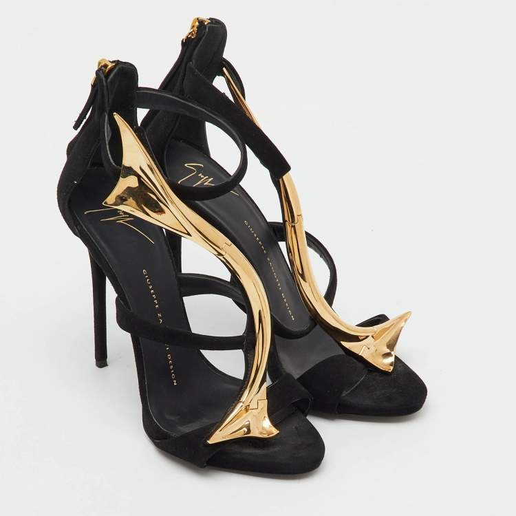 Pre Owned Giuseppe Zanotti Black Suede Metal Embellished Ankle Strap Sandals Size 38