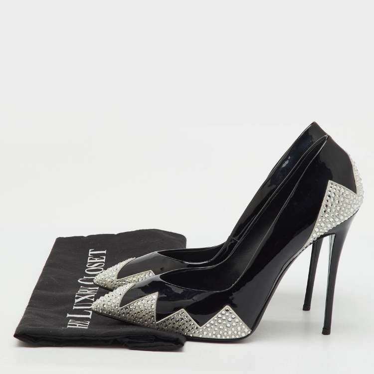 Pre Owned Giuseppe Zanotti Black Patent Leather and Suede Crystal Embellished Pointed Toe Pumps Size 38
