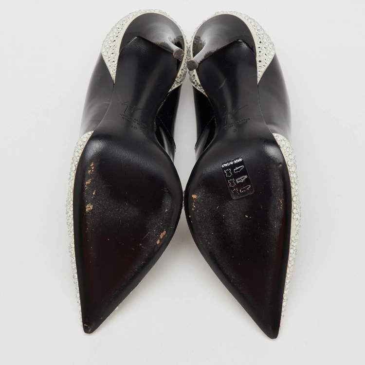 Pre Owned Giuseppe Zanotti Black Patent Leather and Suede Crystal Embellished Pointed Toe Pumps Size 38