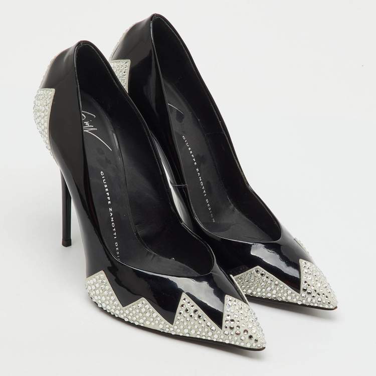 Pre Owned Giuseppe Zanotti Black Patent Leather and Suede Crystal Embellished Pointed Toe Pumps Size 38