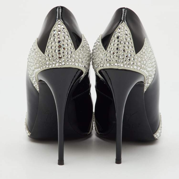 Pre Owned Giuseppe Zanotti Black Patent Leather and Suede Crystal Embellished Pointed Toe Pumps Size 38