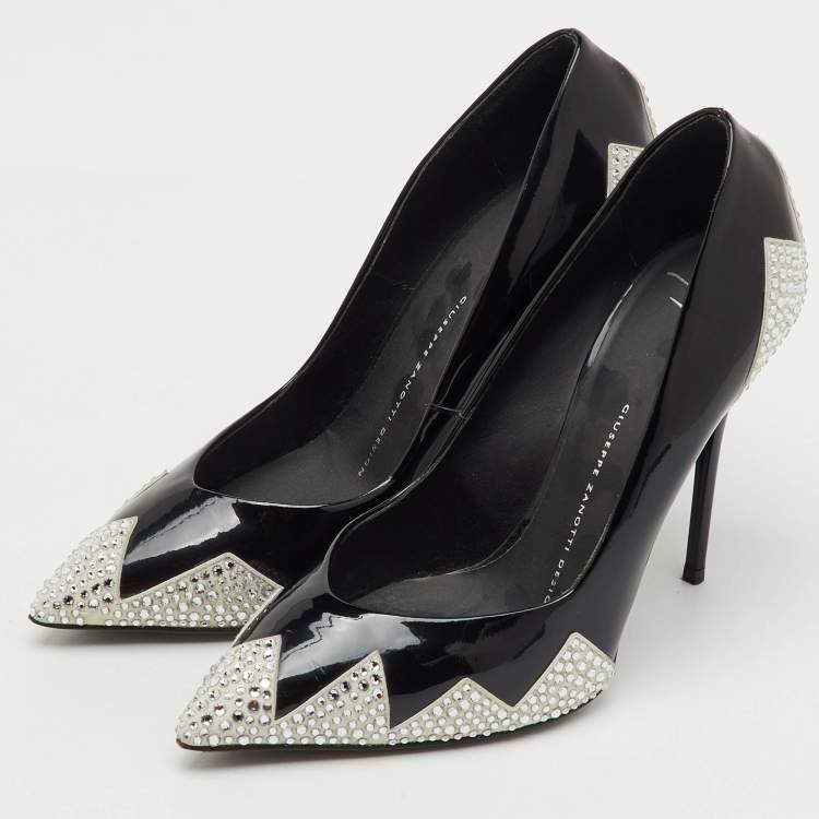 Pre Owned Giuseppe Zanotti Black Patent Leather and Suede Crystal Embellished Pointed Toe Pumps Size 38