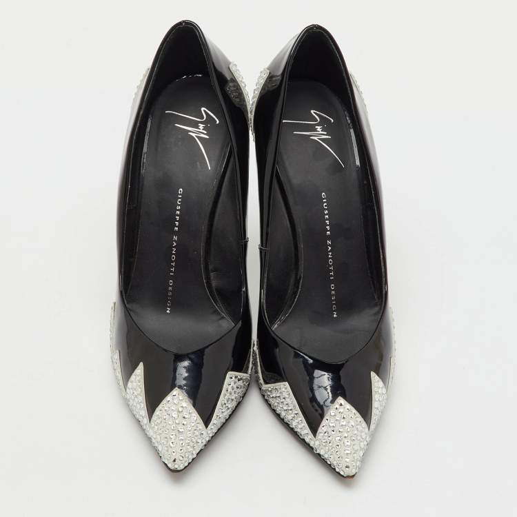 Pre Owned Giuseppe Zanotti Black Patent Leather and Suede Crystal Embellished Pointed Toe Pumps Size 38