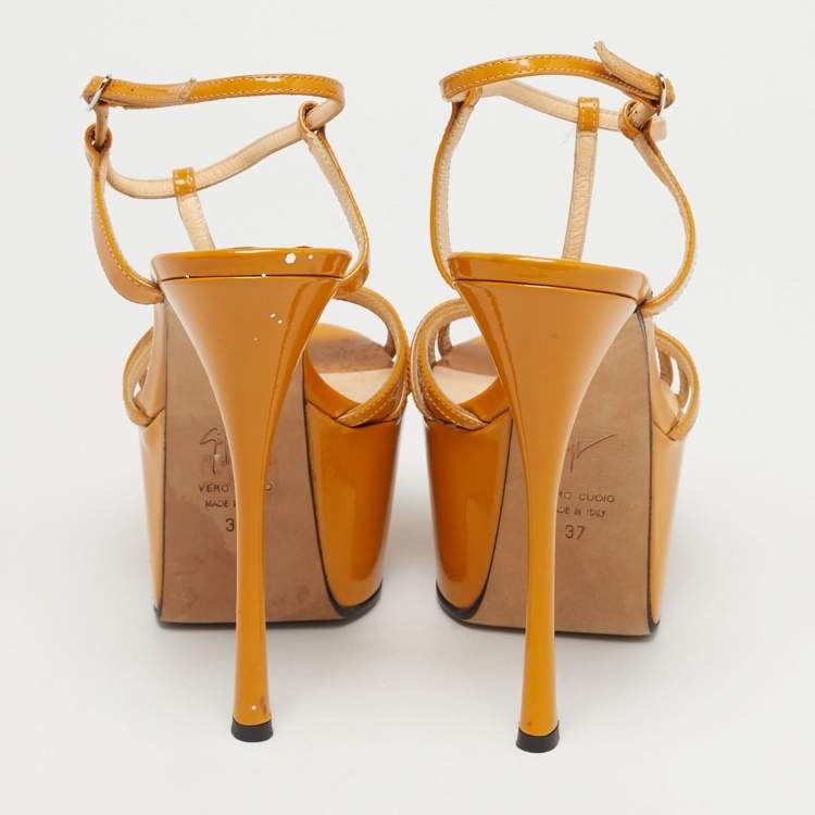 Pre Owned Giuseppe Zanotti Yellow Patent Leather T-Strap Platform Sandals Size 37