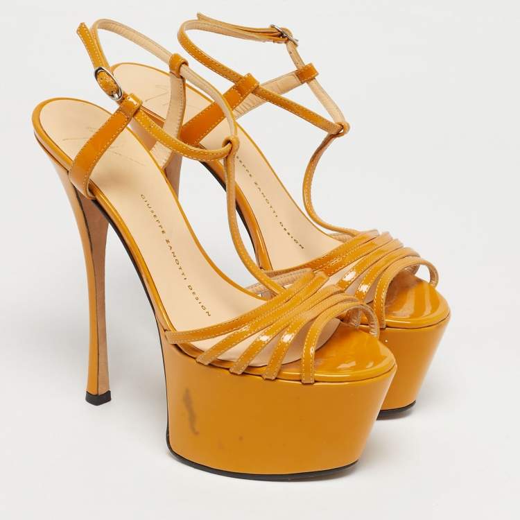 Pre Owned Giuseppe Zanotti Yellow Patent Leather T-Strap Platform Sandals Size 37