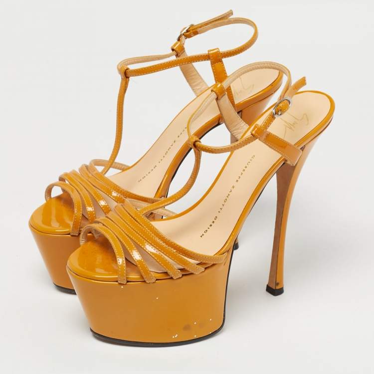 Pre Owned Giuseppe Zanotti Yellow Patent Leather T-Strap Platform Sandals Size 37