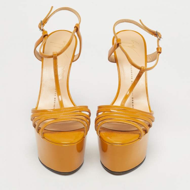 Pre Owned Giuseppe Zanotti Yellow Patent Leather T-Strap Platform Sandals Size 37
