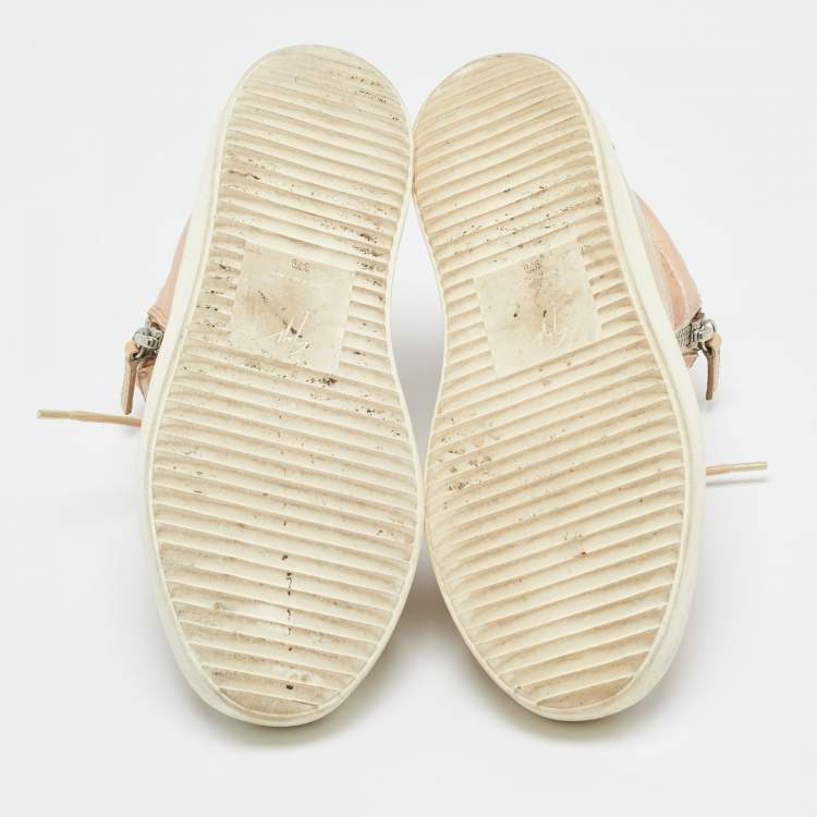 Pre Owned Giuseppe Zanotti Pink/Beige Leather and Patent Leather Mid Top Sneakers Size 37.5