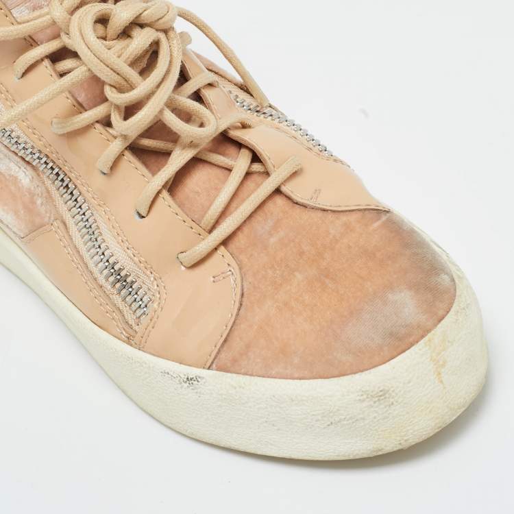 Pre Owned Giuseppe Zanotti Pink/Beige Leather and Patent Leather Mid Top Sneakers Size 37.5