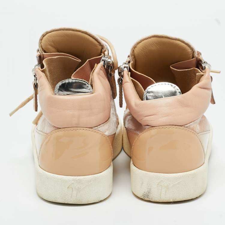 Pre Owned Giuseppe Zanotti Pink/Beige Leather and Patent Leather Mid Top Sneakers Size 37.5